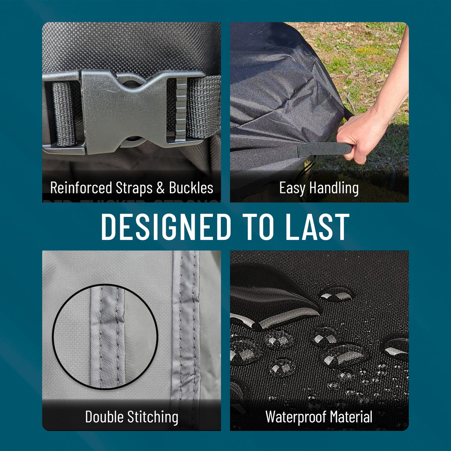 Product features including reinforced straps, easy handling, double stitching, and waterproof material on a blue background.