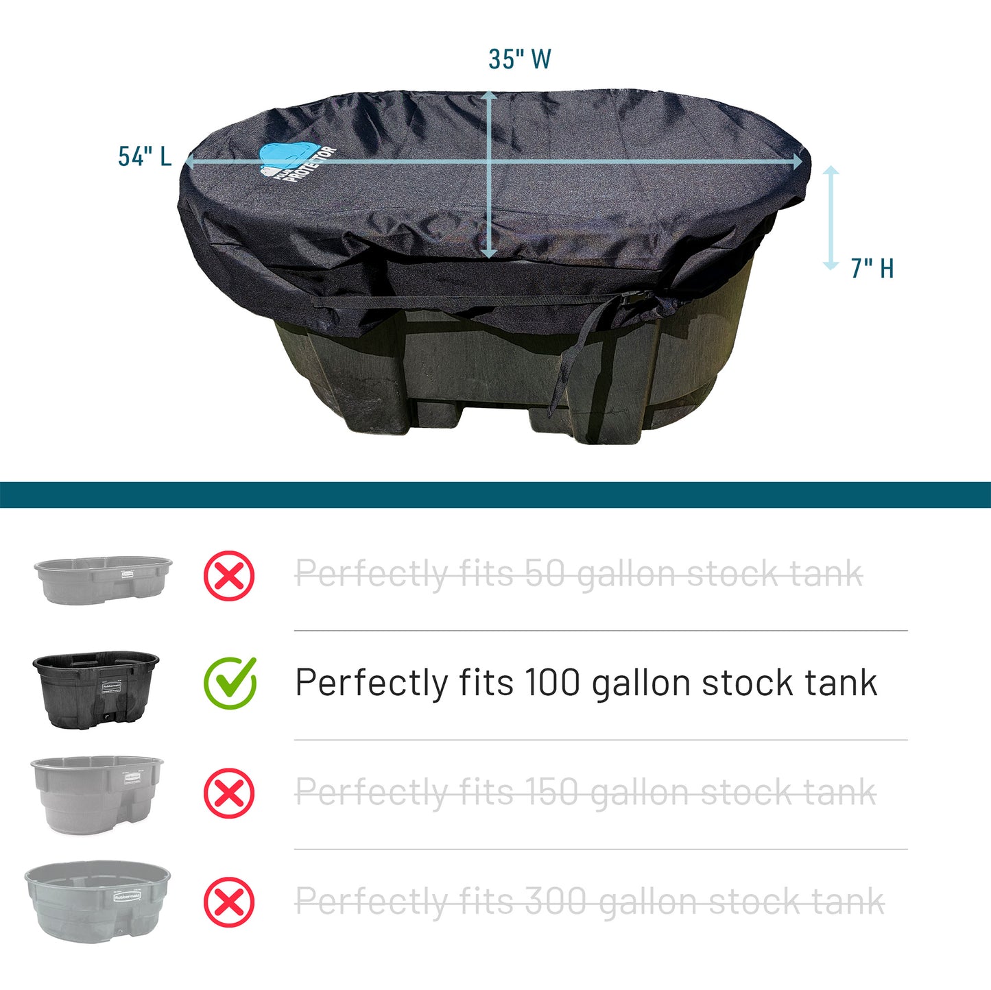Black stock tank cover with measurements and compatibility information on a white background