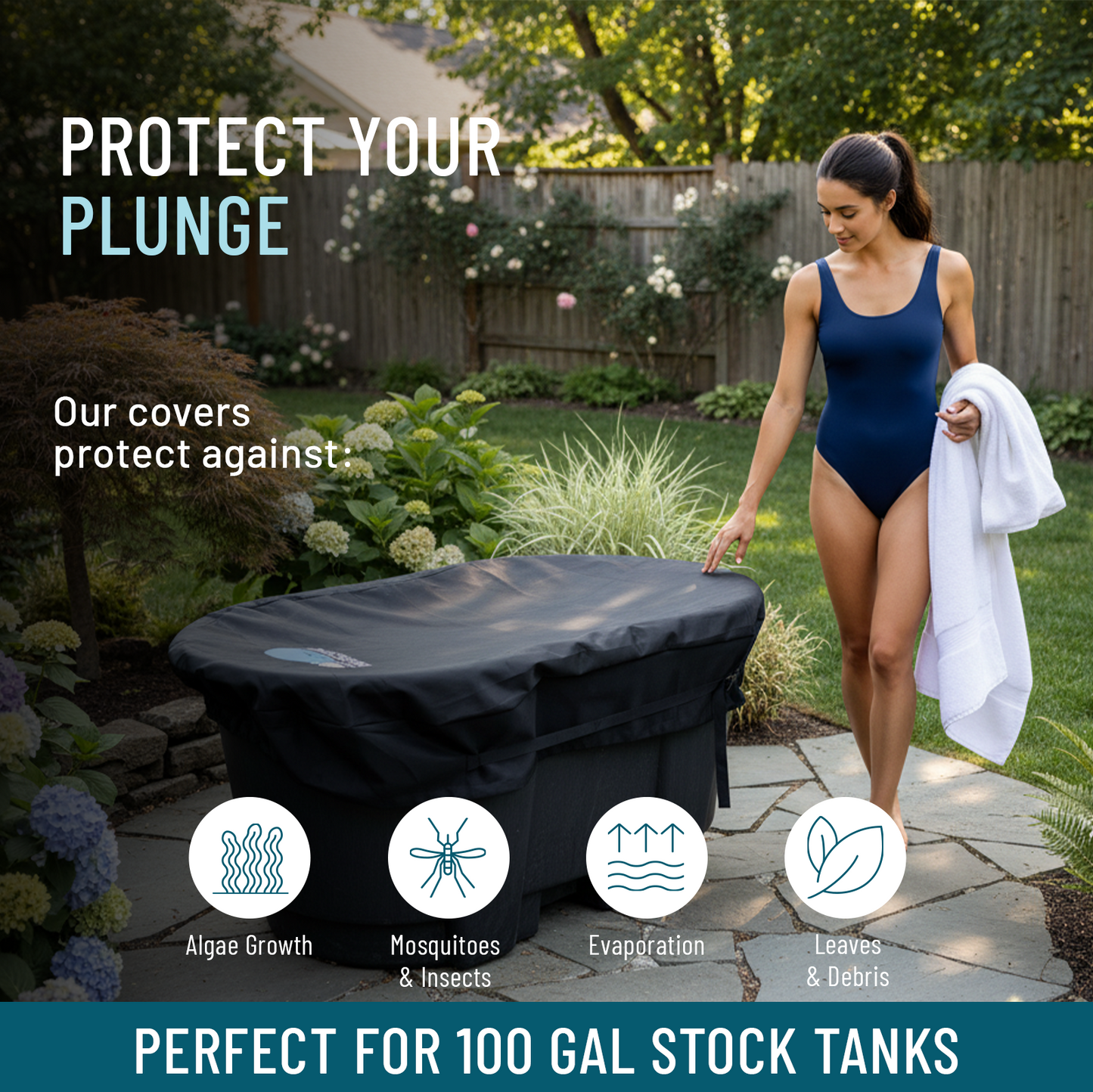 Woman in a backyard with a covered stock tank, promoting tank covers for protection against algae, mosquitoes, evaporation, and debris.