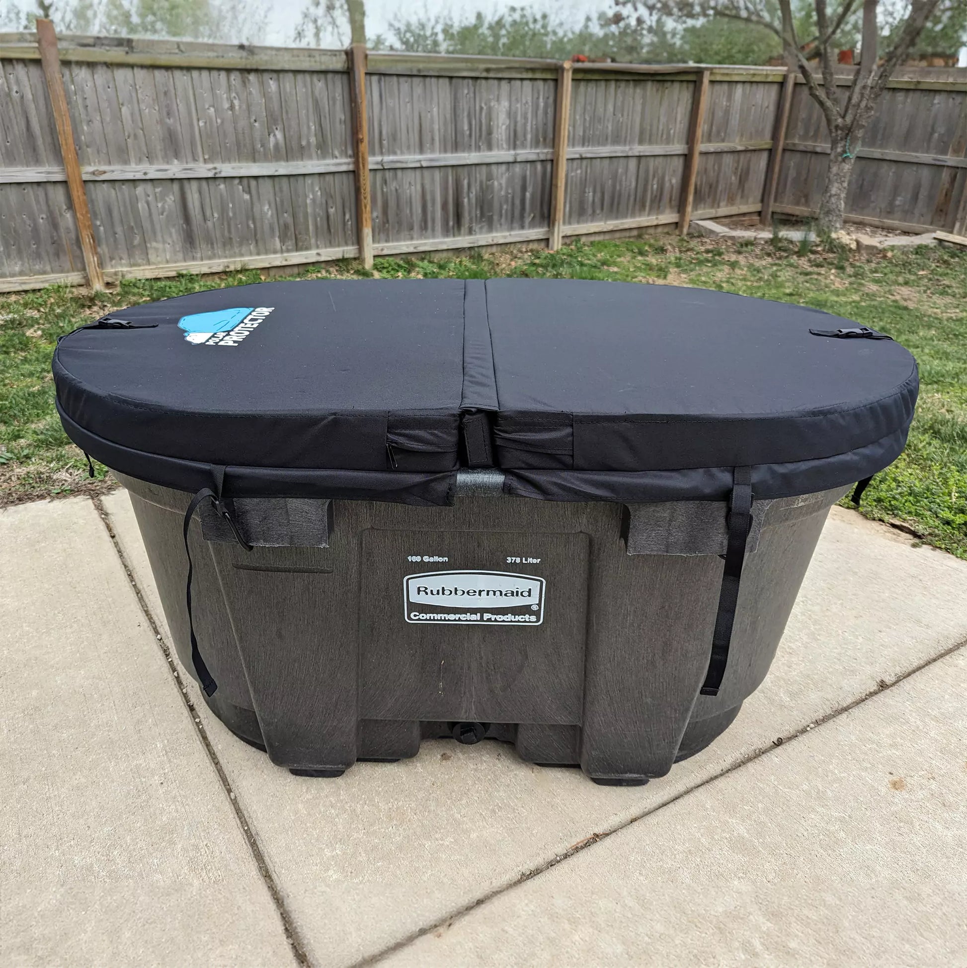 An in-use product shot of the Polar Protector 100 gallon hard insulated cold plunge stock tank cover.