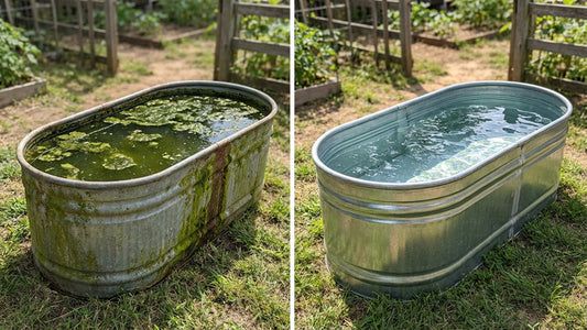 Side by side comparison graphic showing a galvanized stock tank. The left side tank's water is murky and large algae growths are visibly floating on the surface. The right side tank's water is crystal clear and reflects the sunlight.