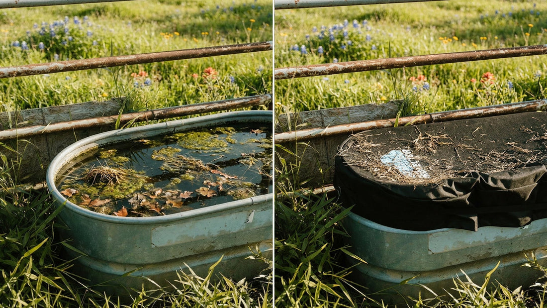 A side-by-side comparison image of a dirty stock tank filled with grass, leaves, algae and other debris. The image on the right shows a covered stock tank with the cover preventing the debris from contaminating the clean water in the stock tank.