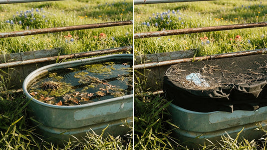 A side-by-side comparison image of a dirty stock tank filled with grass, leaves, algae and other debris. The image on the right shows a covered stock tank with the cover preventing the debris from contaminating the clean water in the stock tank.