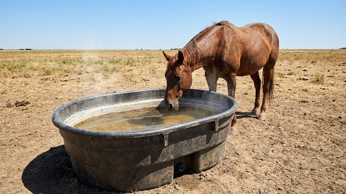 A horse drink from a stock tank on a hot summer's day. Evaporation rings show the water level has dropped significantly.