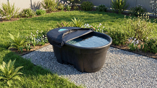 A cold plunge stock tank set up with a fitted stock tank cover in a backyard setting on a spring morning.