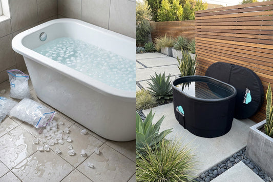 A split scene showing a home ice bath approach on the left and a dedicated home stock tank cold plunge set up on the right.