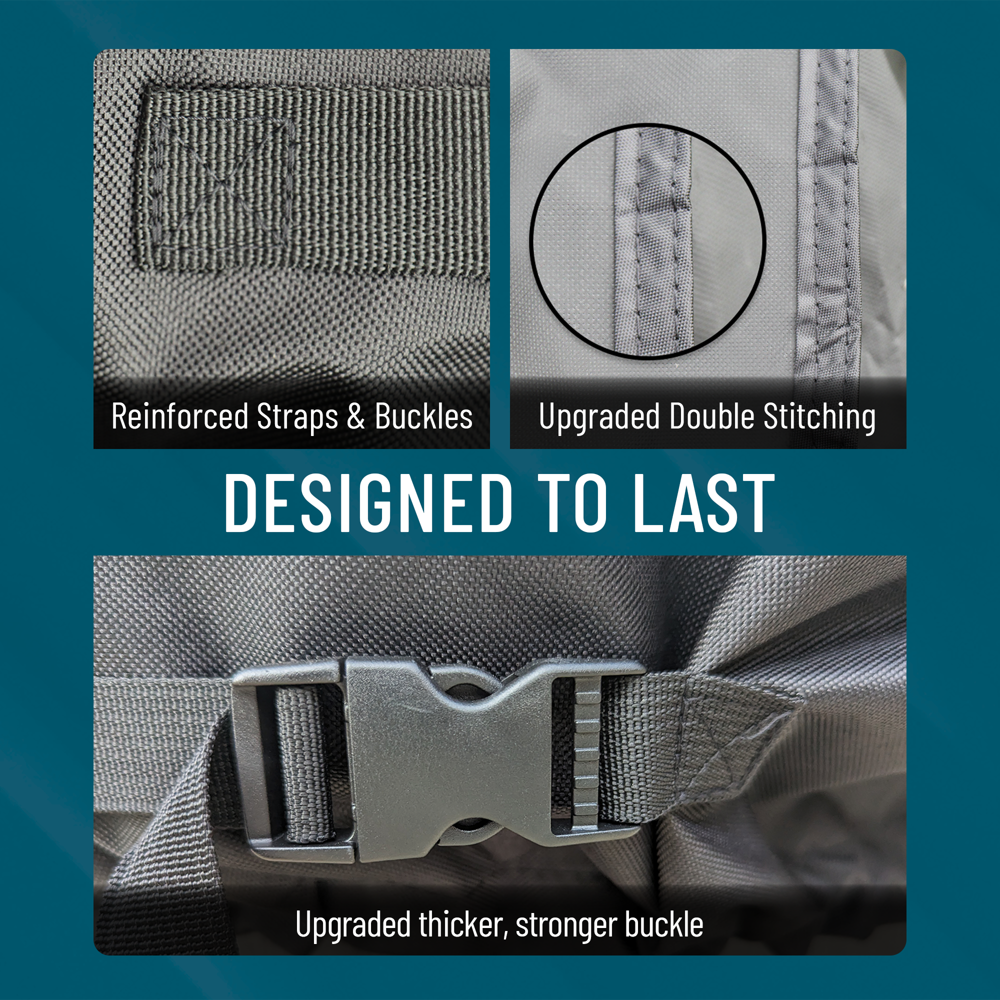 Close-up of a stock tank cover with reinforced straps, buckles, and stitching details on a blue background.