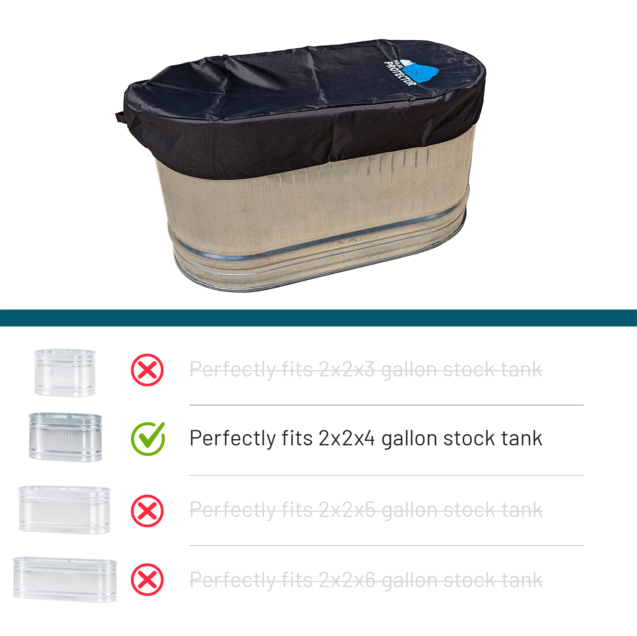 Covered stock tank with compatibility information displayed below on a white background