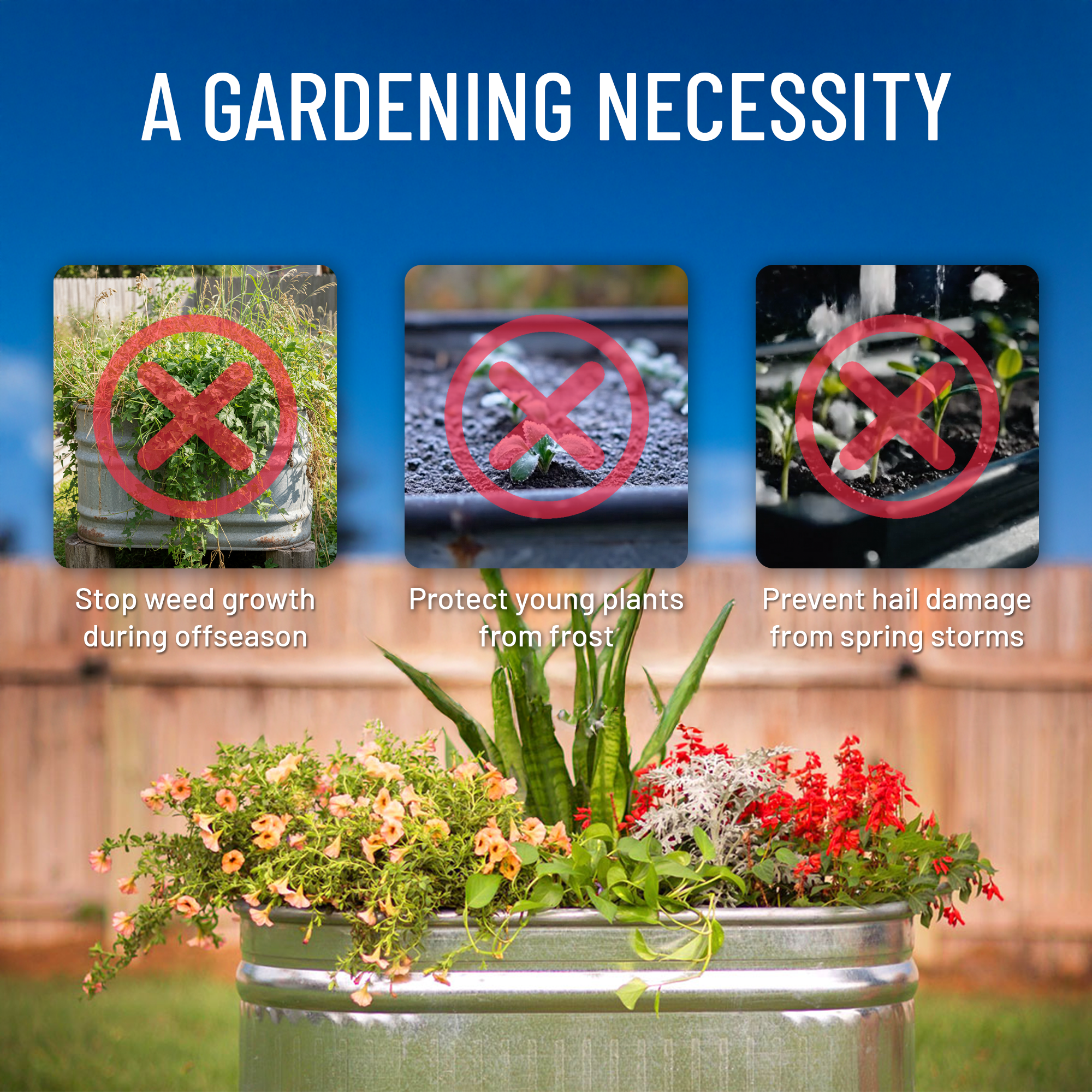 Stock tank raised garden bed with text highlighting its benefits on a blue background