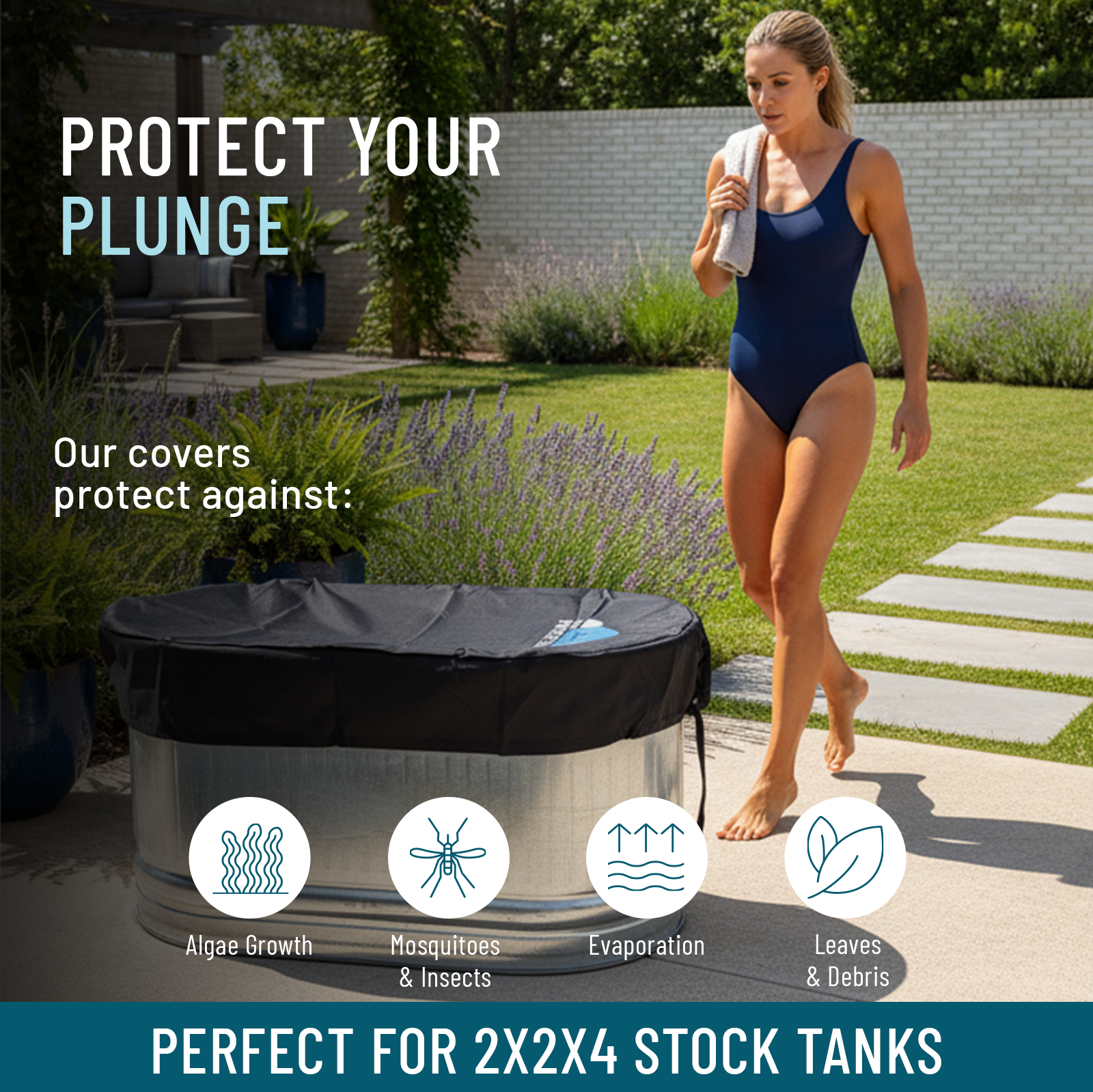Woman walking towards a cold plunge stock tank with a cover, surrounded by greenery.
