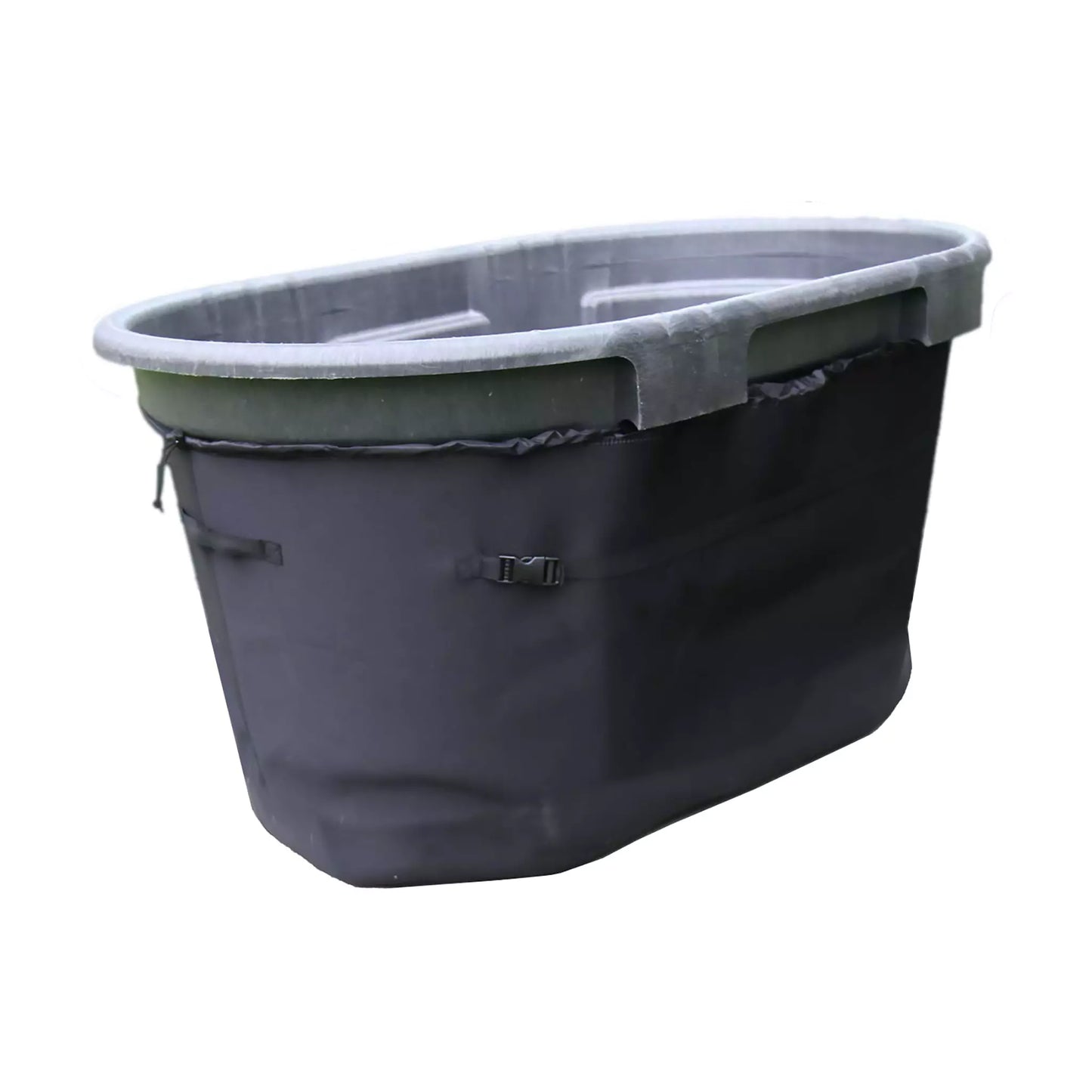 A product image showing the back of 5mm insulated neoprene stock tank slip. The slip has buckles and a pull tie for the perfect fit on a 150 gallon cold plunge stock tank.