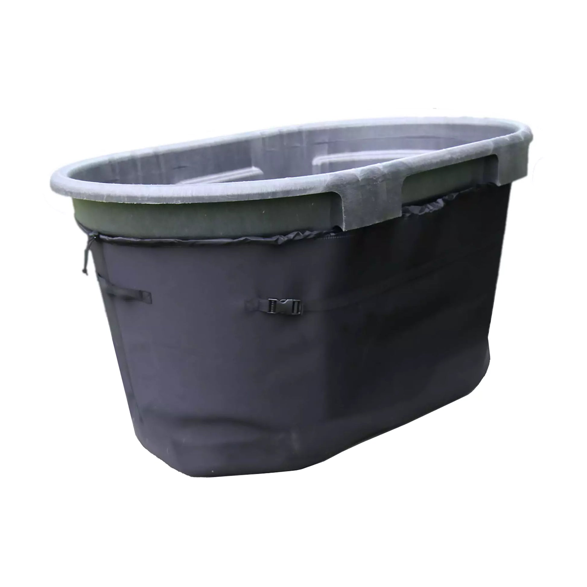 A product image showing the back of 5mm insulated neoprene stock tank slip. The slip has buckles and a pull tie for the perfect fit on a 100 gallon cold plunge stock tank.