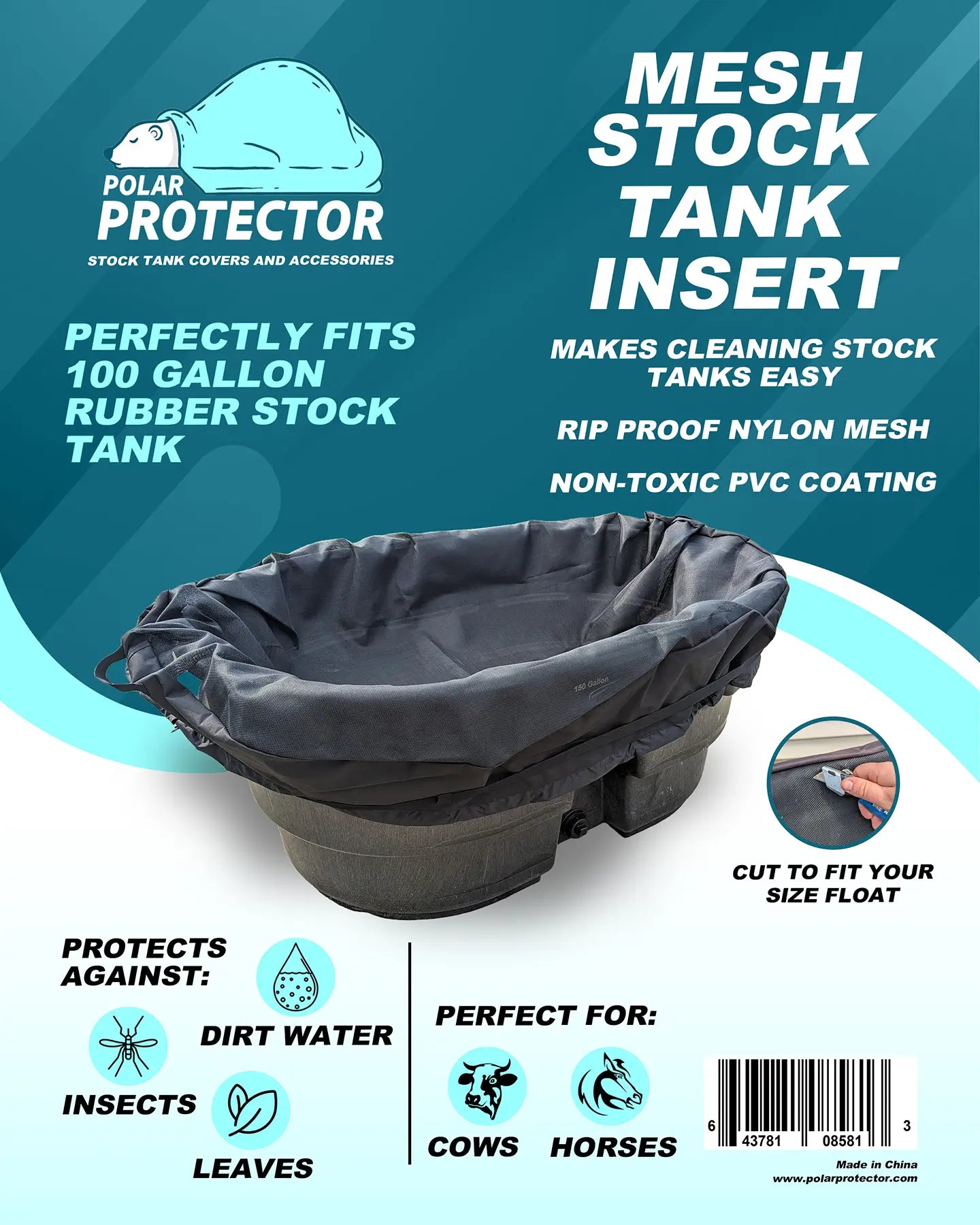 Promotional flyer for Polar Protector mesh stock tank cover, The mesh cover perfectly fits 100 gallon rubber stock tanks.