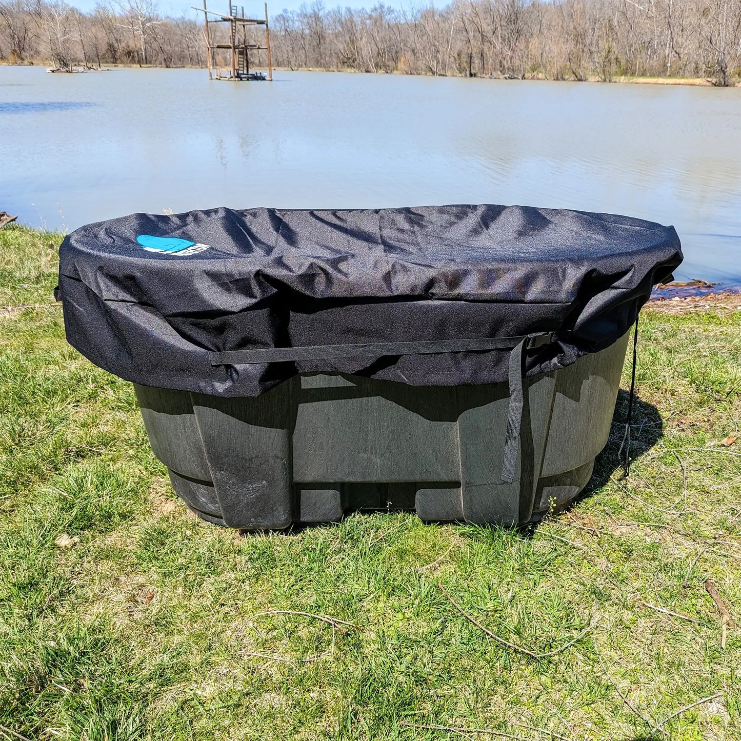 In use image of a Polar Protector stock tank cover being used on a cold plunge stock tank outside.