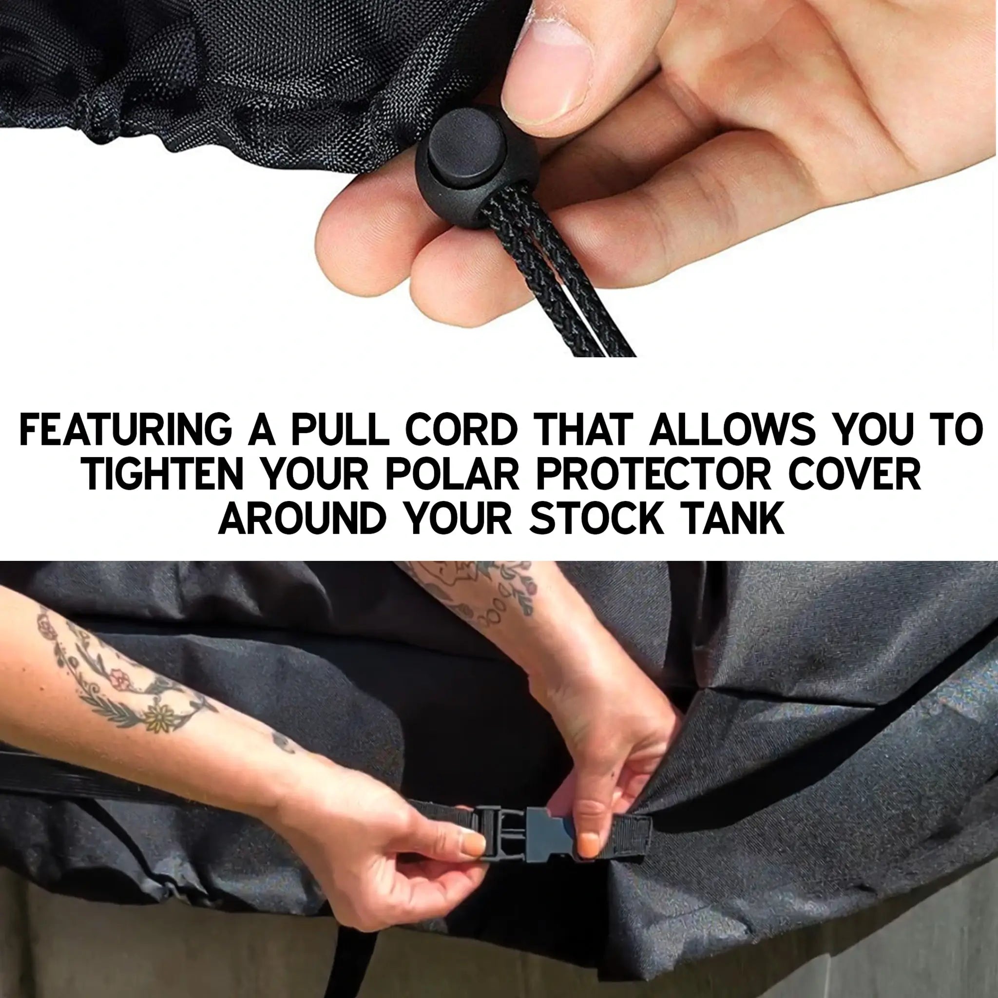 The Polar Protector 150 gallon stock tank cover's pull cord and buckles allow cold plunge enthusiasts to easily tighten their covers around their stock tanks, creating a tight seal for better insulation.