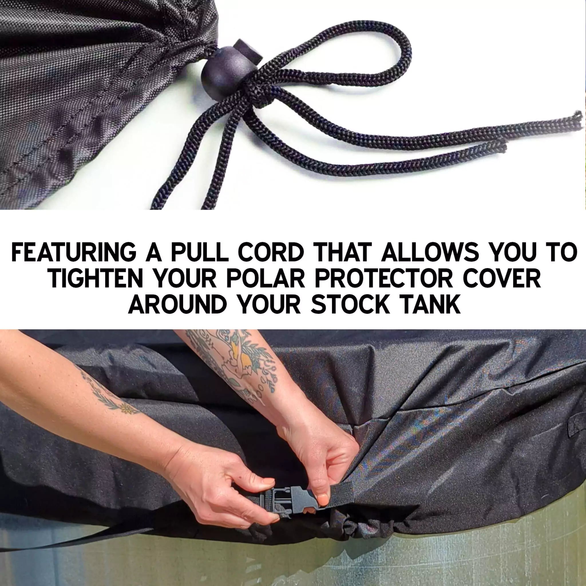 The Polar Protector 2x2x4 stock tank cover's pull cord and buckles allow cold plunge enthusiasts to easily tighten their covers around their stock tanks, creating a tight seal for better insulation.