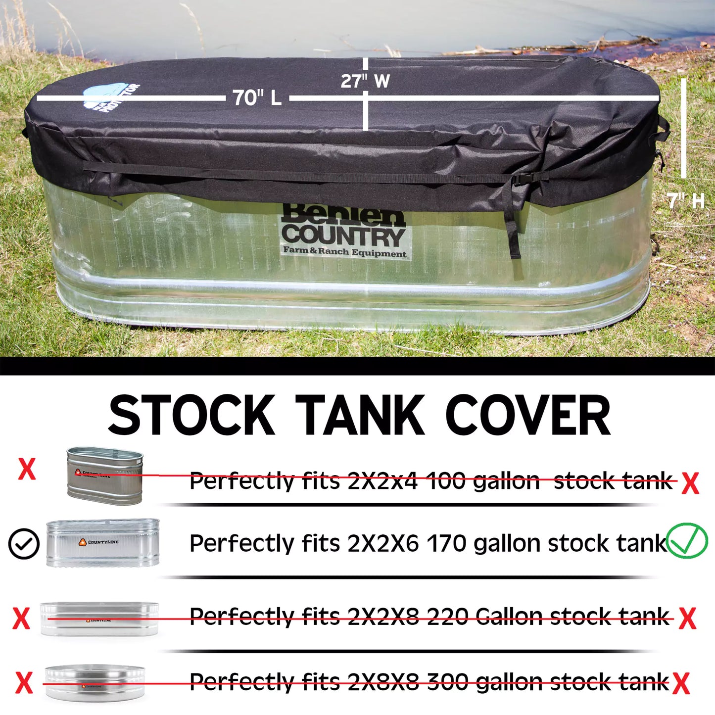 Polar Protector makes stock tank covers for a variety of standard stock tank sizes. This product perfectly fits a 2x2x6, 170-gallon, galvanized stock tank.