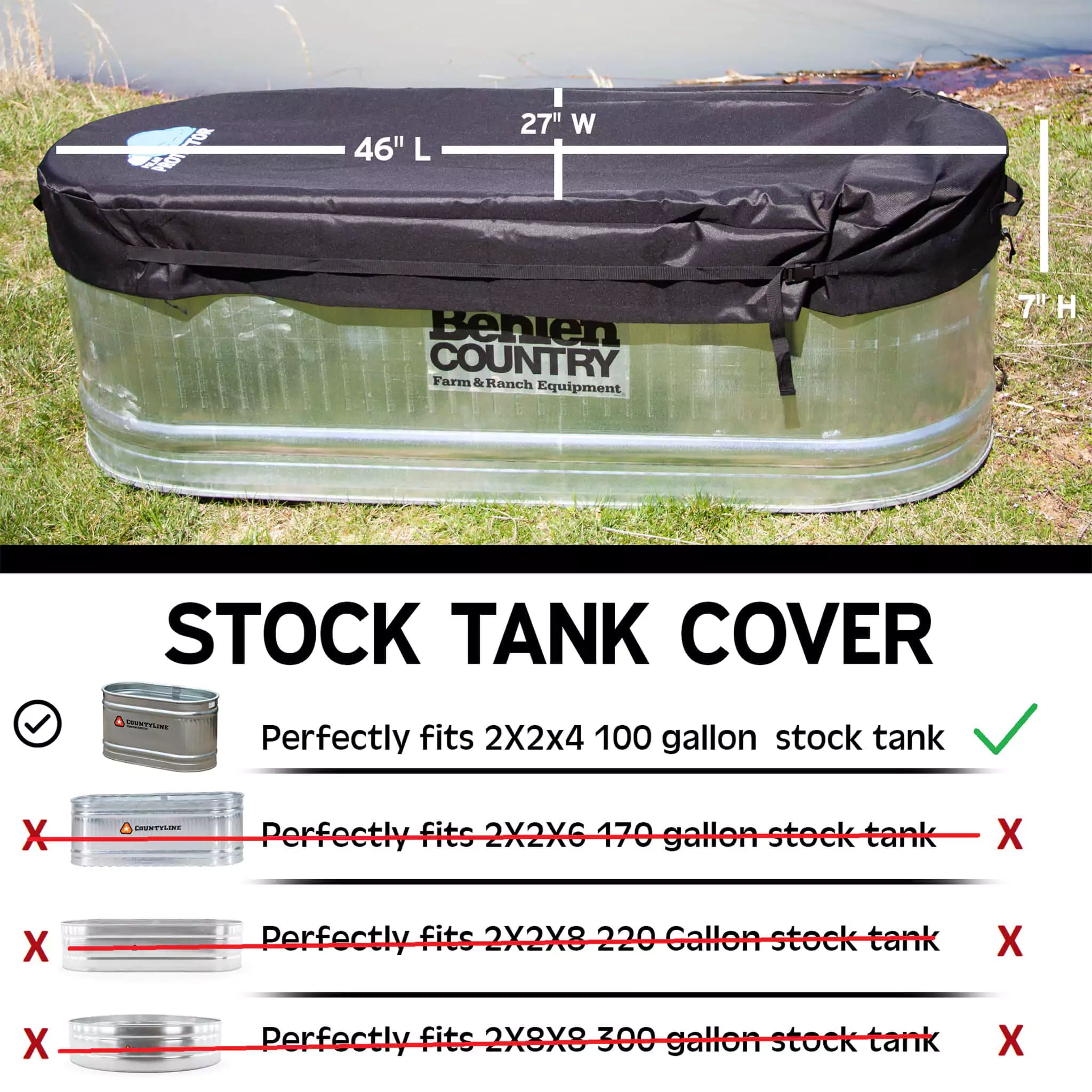 The Polar Protector stock tank cover comes in a variety of sizes. This product is designed to perfectly fit on a 2x2x4 galvanized stock tank.